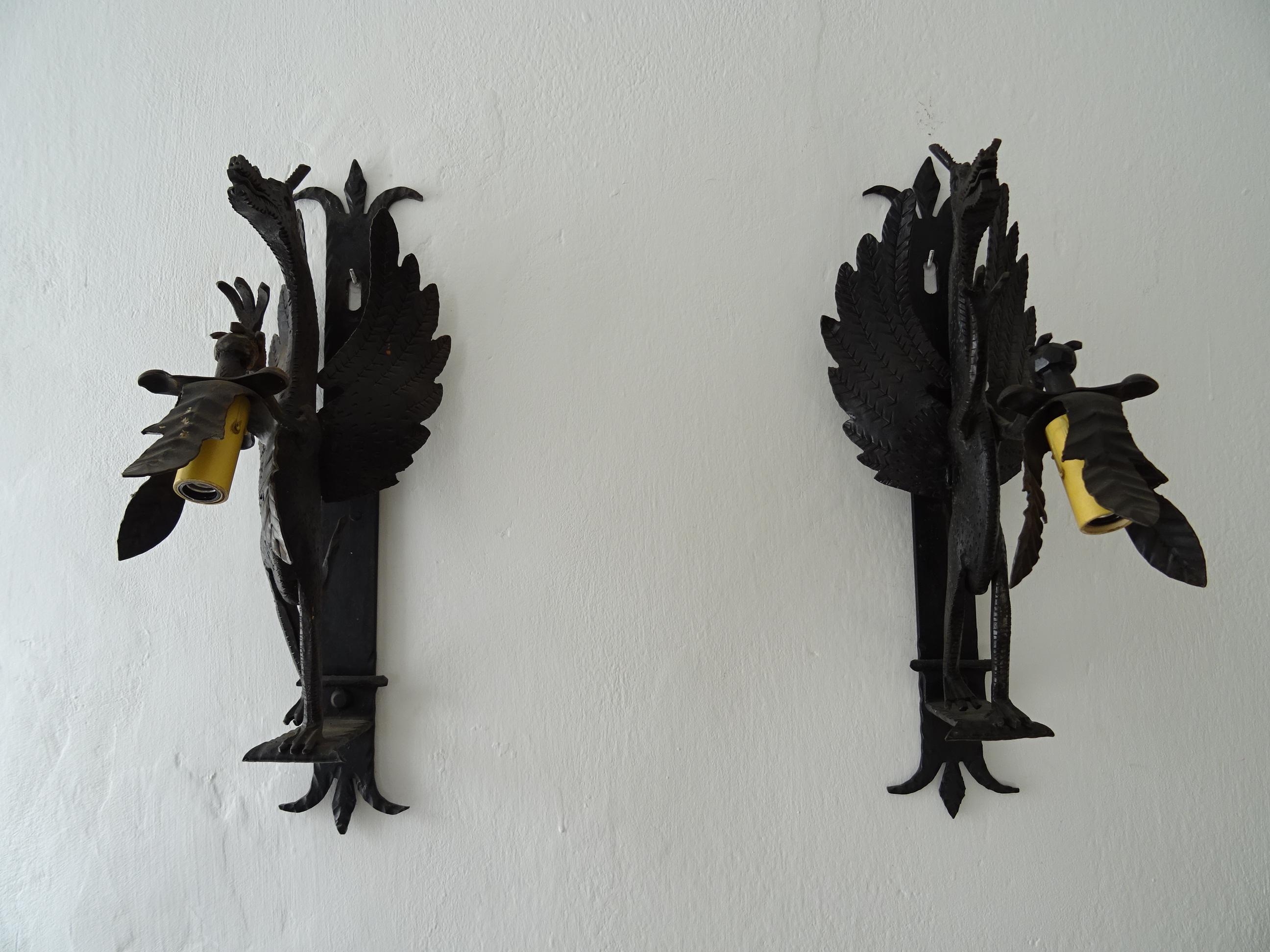 Housing one light each. These will be newly rewired with certified US UL sockets for the USA and appropriate sockets for all other countries. Standing winged dragons with lots of detail. Rare big size. Re-wired and ready to hang. Free priority UPS