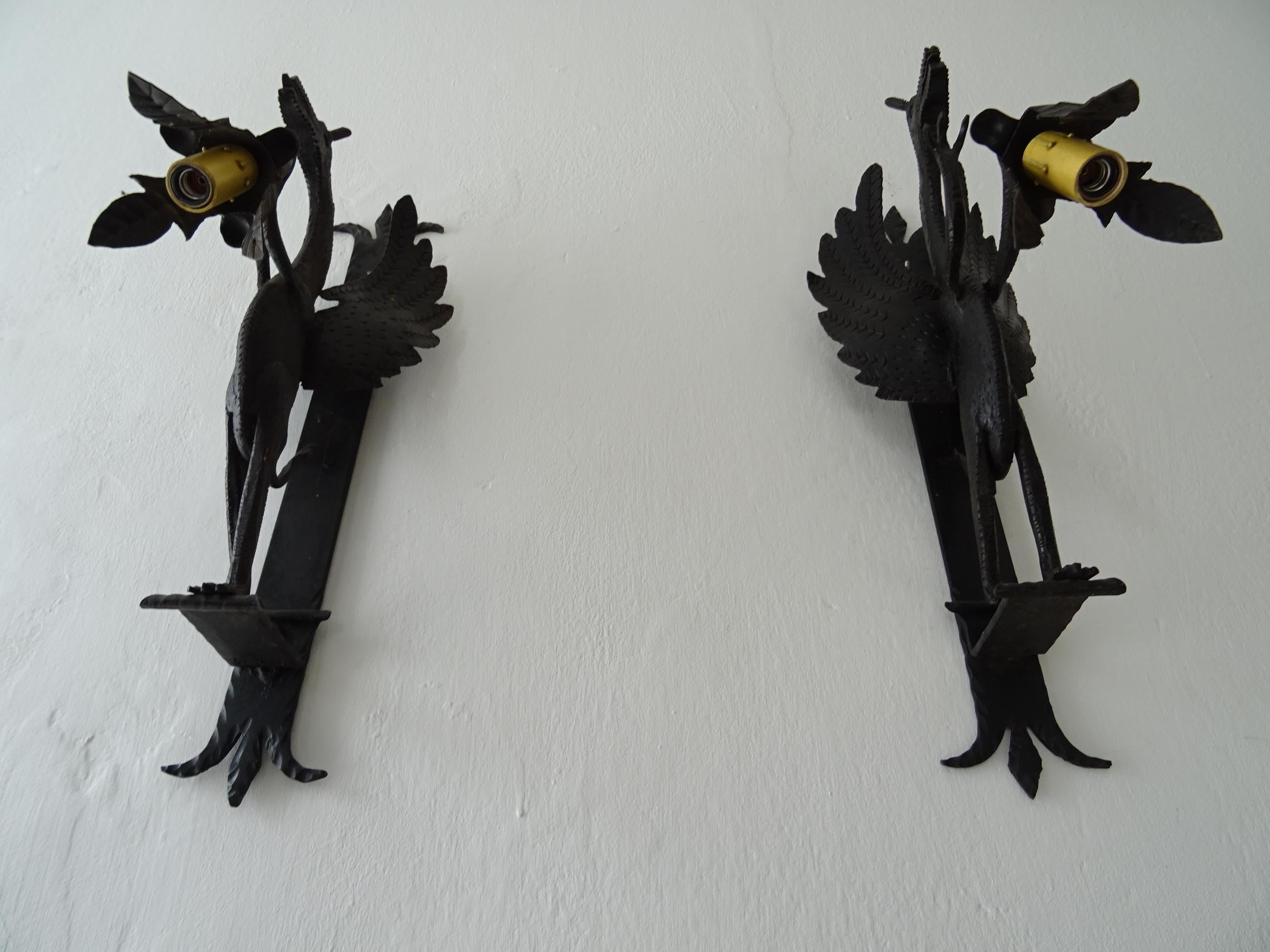 Gothic 1890 French Big Winged Standing Dragon Wrought Iron Sconces For Sale