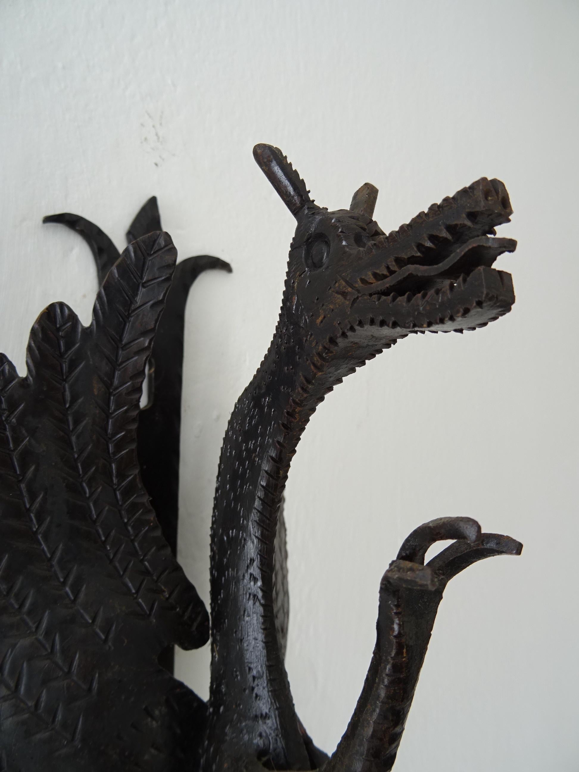 Late 19th Century 1890 French Big Winged Standing Dragon Wrought Iron Sconces For Sale