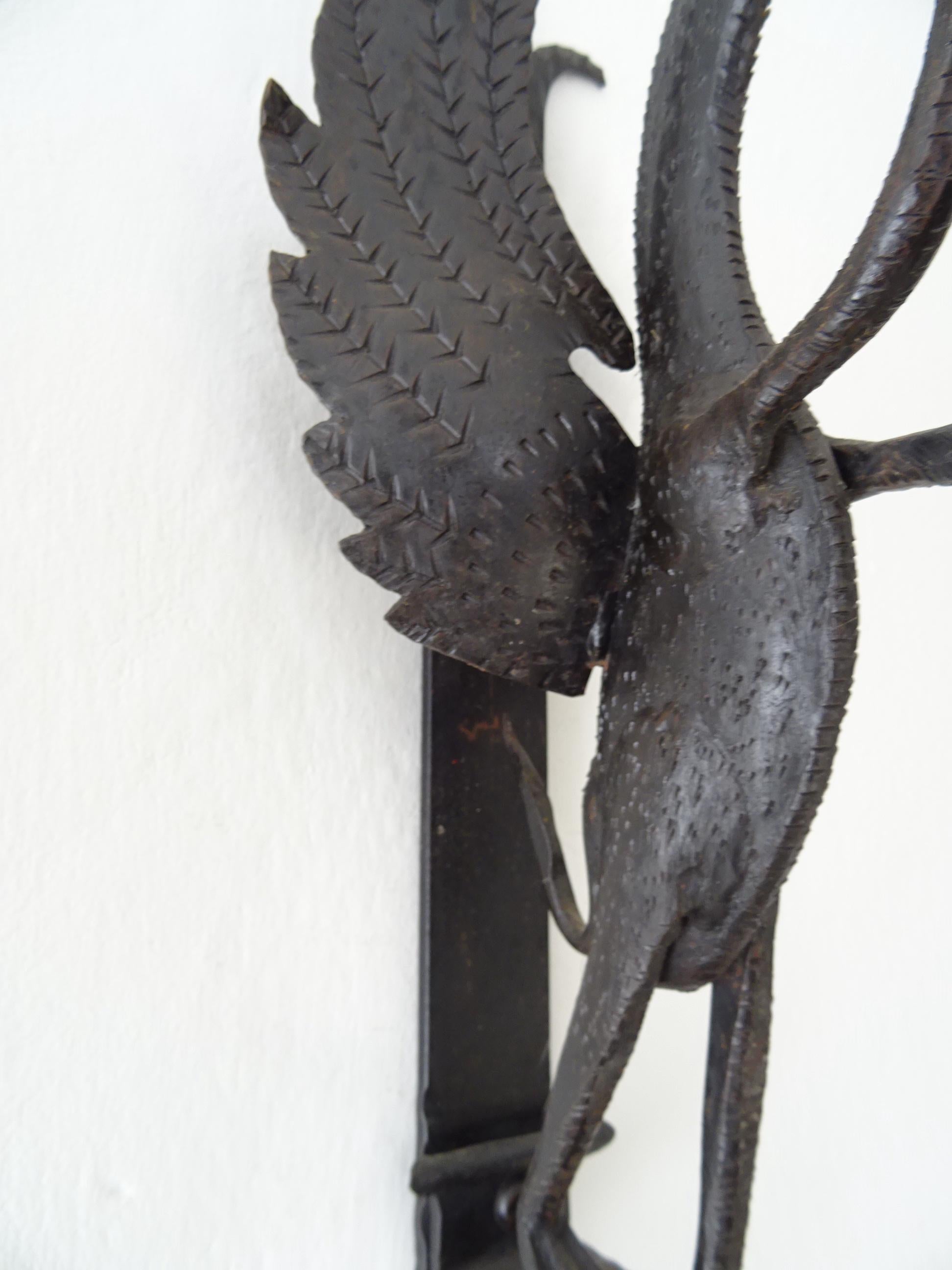 1890 French Big Winged Standing Dragon Wrought Iron Sconces For Sale 1