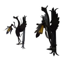 1890 French Big Winged Standing Dragon Wrought Iron Sconces