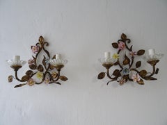 1890 French Double Arm Old Vintage Tole Porcelain Roses Flowers Sconces