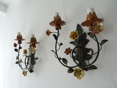 1890, French Double Arm Old Vintage Tole Porcelain Roses Flowers Sconces