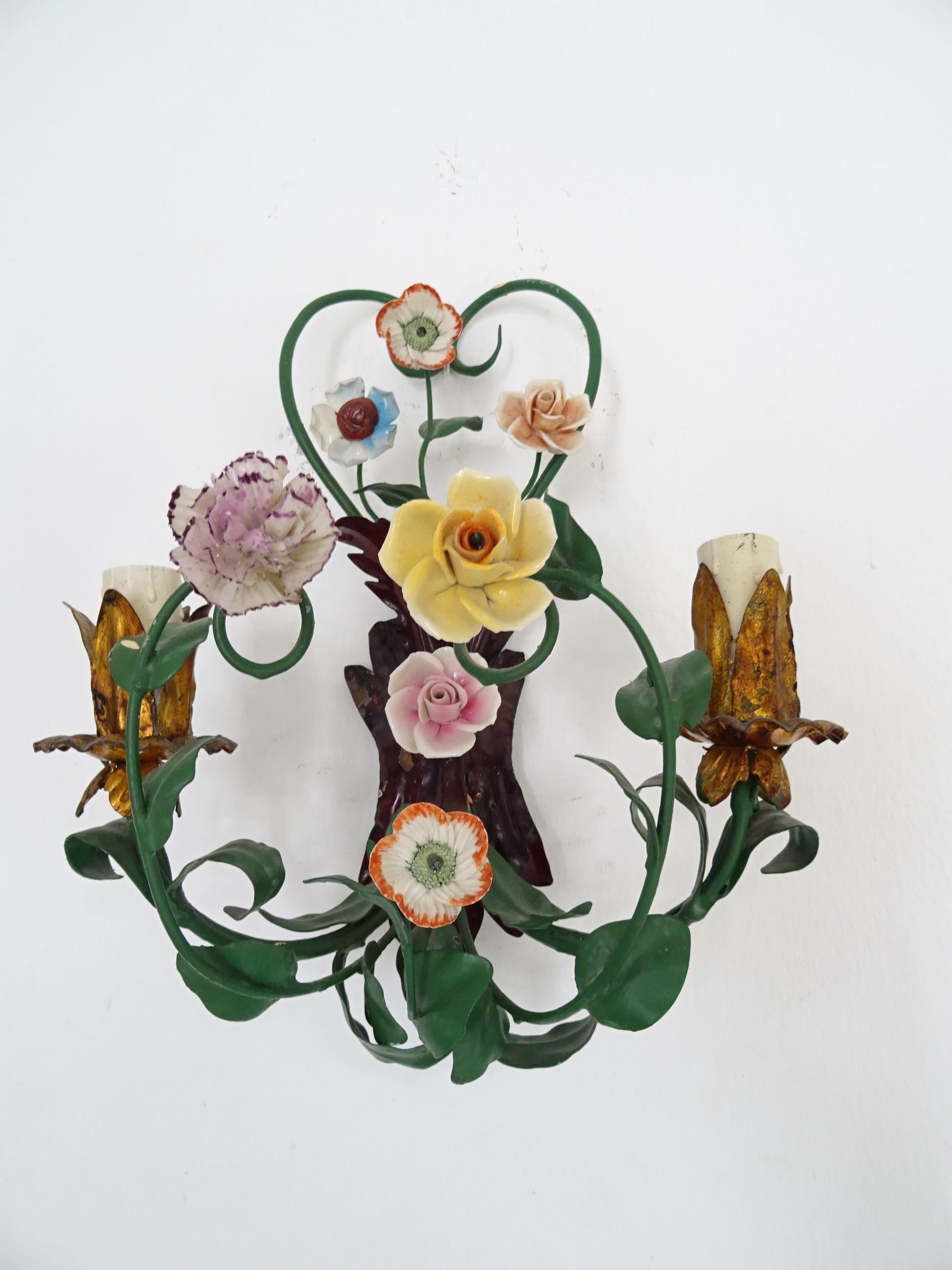 Late 19th Century 1890, French Double Arm Old Vintage Tole Porcelain Roses Flowers Sconces Italy