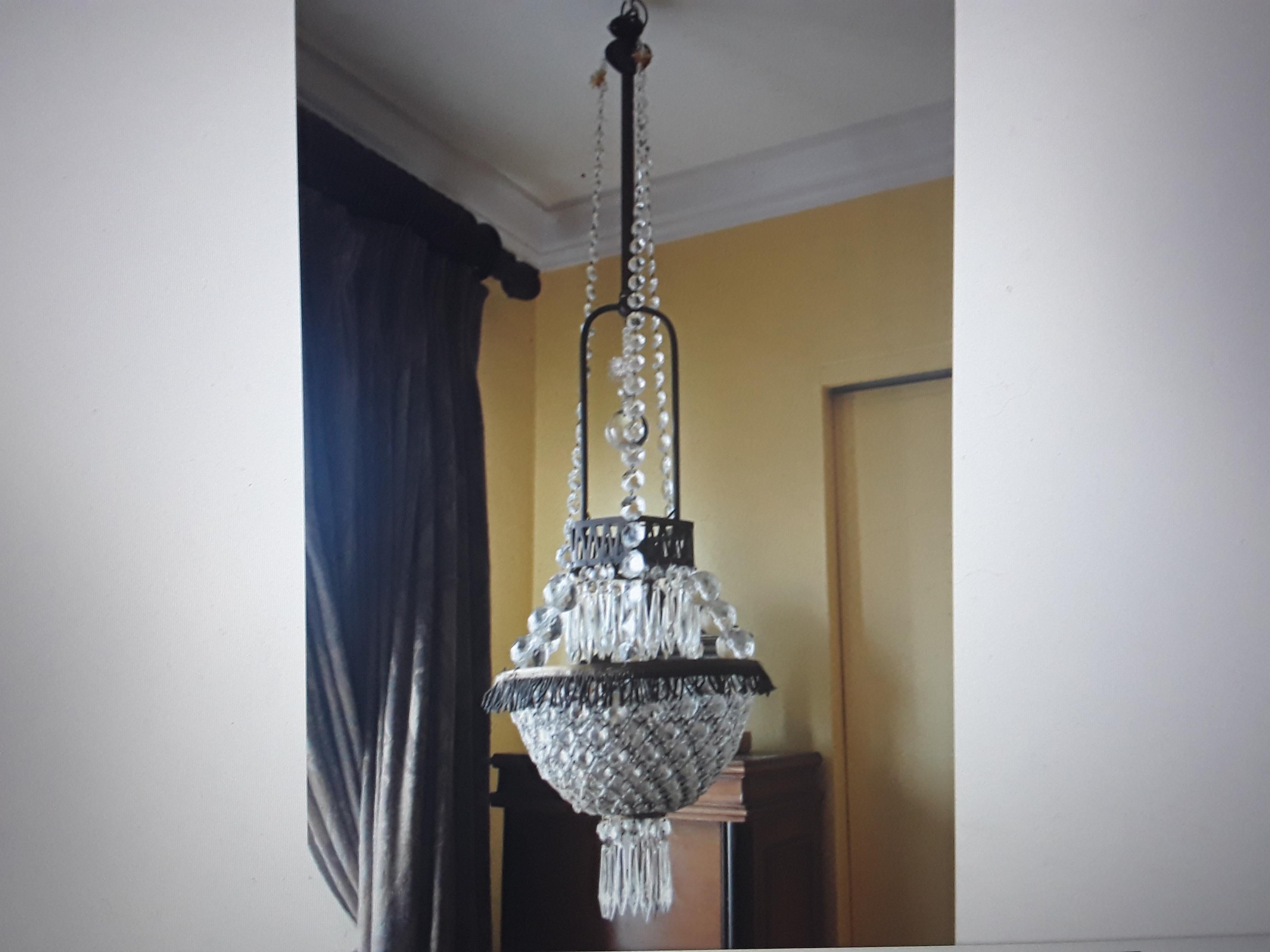 Stunning 19thc French Antique Gas Converted to Electric Attributed Maison Bagues Beaded Crystal Chandelier. Amber crystal star detail and crystal chains.
