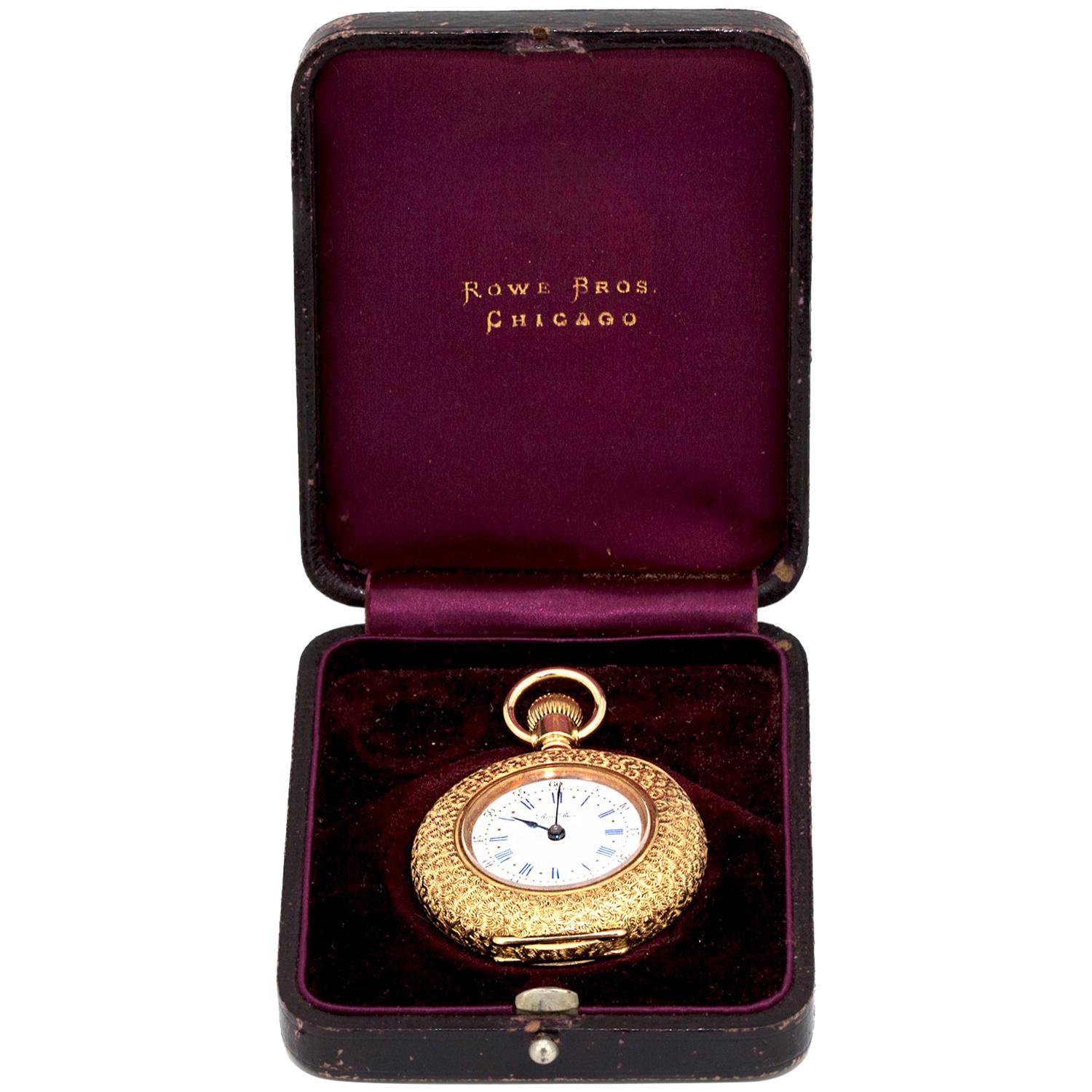 1890 Gold Pocket Watch, Engraved Rowe Brothers, Chicago, with the Original Box For Sale