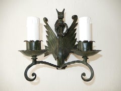 1890 Italian Alessandro Mazzucotelli Winged Dragon Wrought Iron Green Sconces