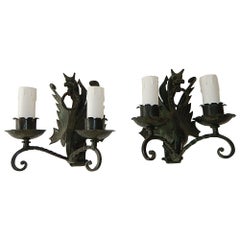 1890 Italian Alessandro Mazzucotelli Winged Dragon Wrought Iron Green Sconces