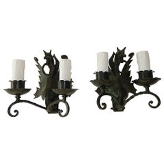 1890 Italian Alessandro Mazzucotelli Winged Dragon Wrought Iron Green Sconces