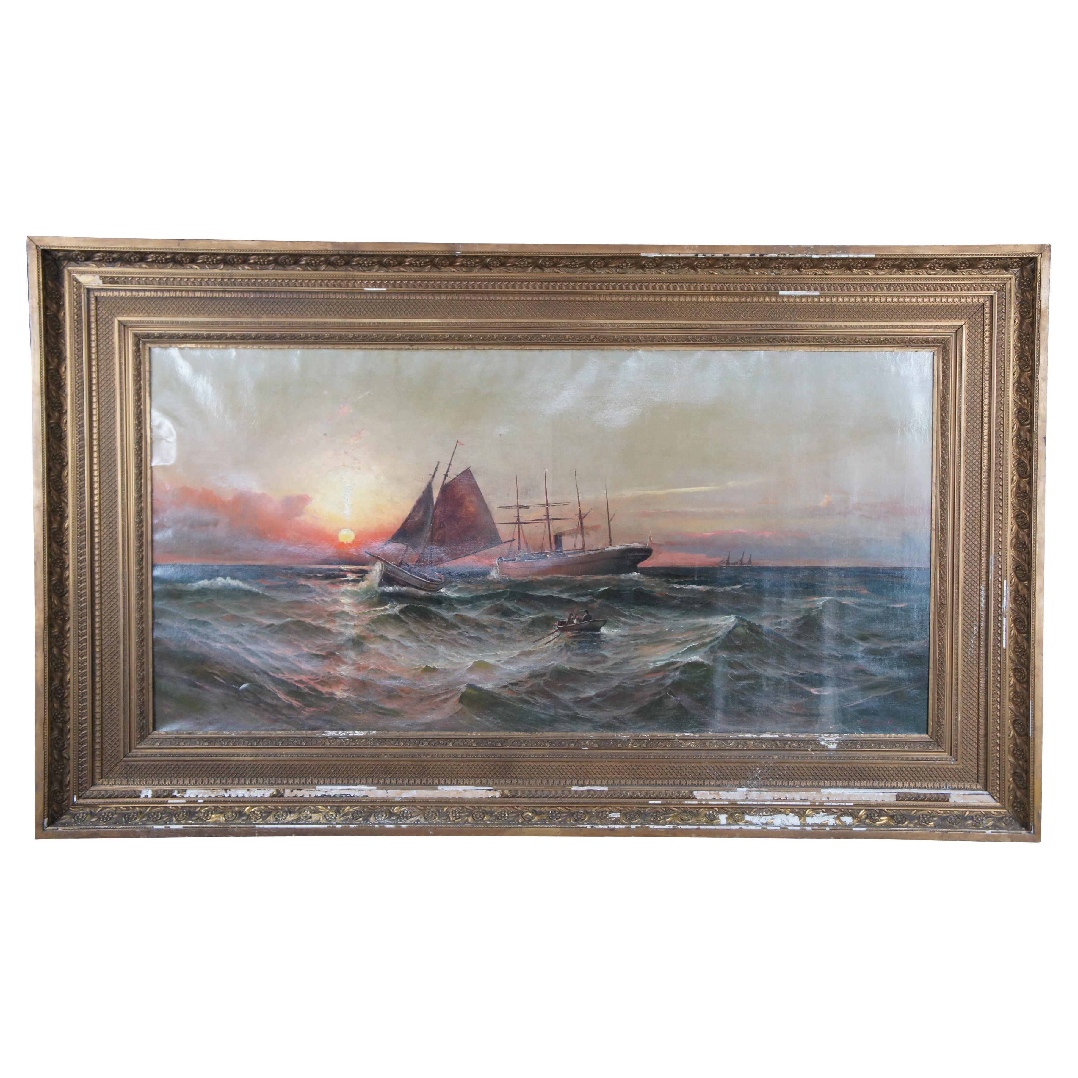 Peinture à l'huile monumentale sur toile de paysage marin BJ Harnett représentant un bateau maritime, 1890