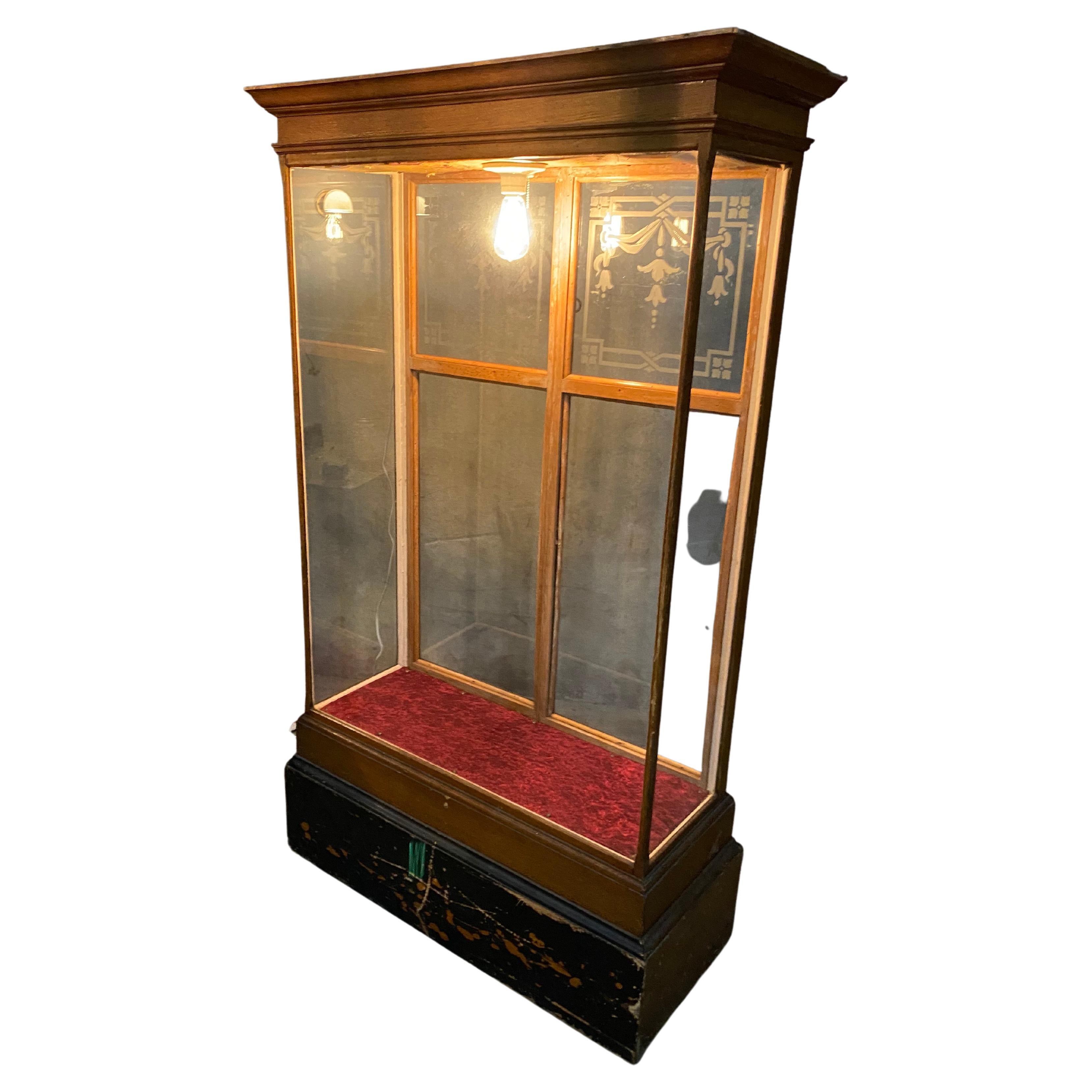 1890 Oak Glass Door Standing Showcase Display Case For Sale