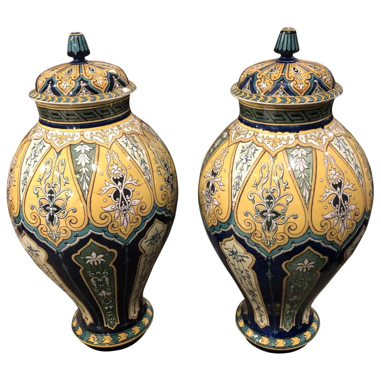 1890 Pair of Art Nouveau Porcelain Sarreguemines French Ginger Jars 5