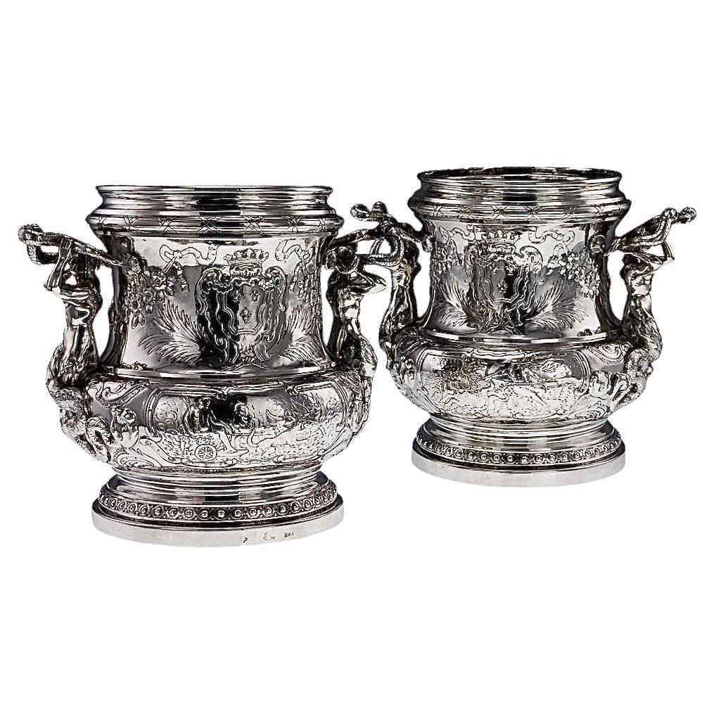 1890 Pareja de neveras (cubos) alemanas de plata de ley maciza, criaturas marinas
