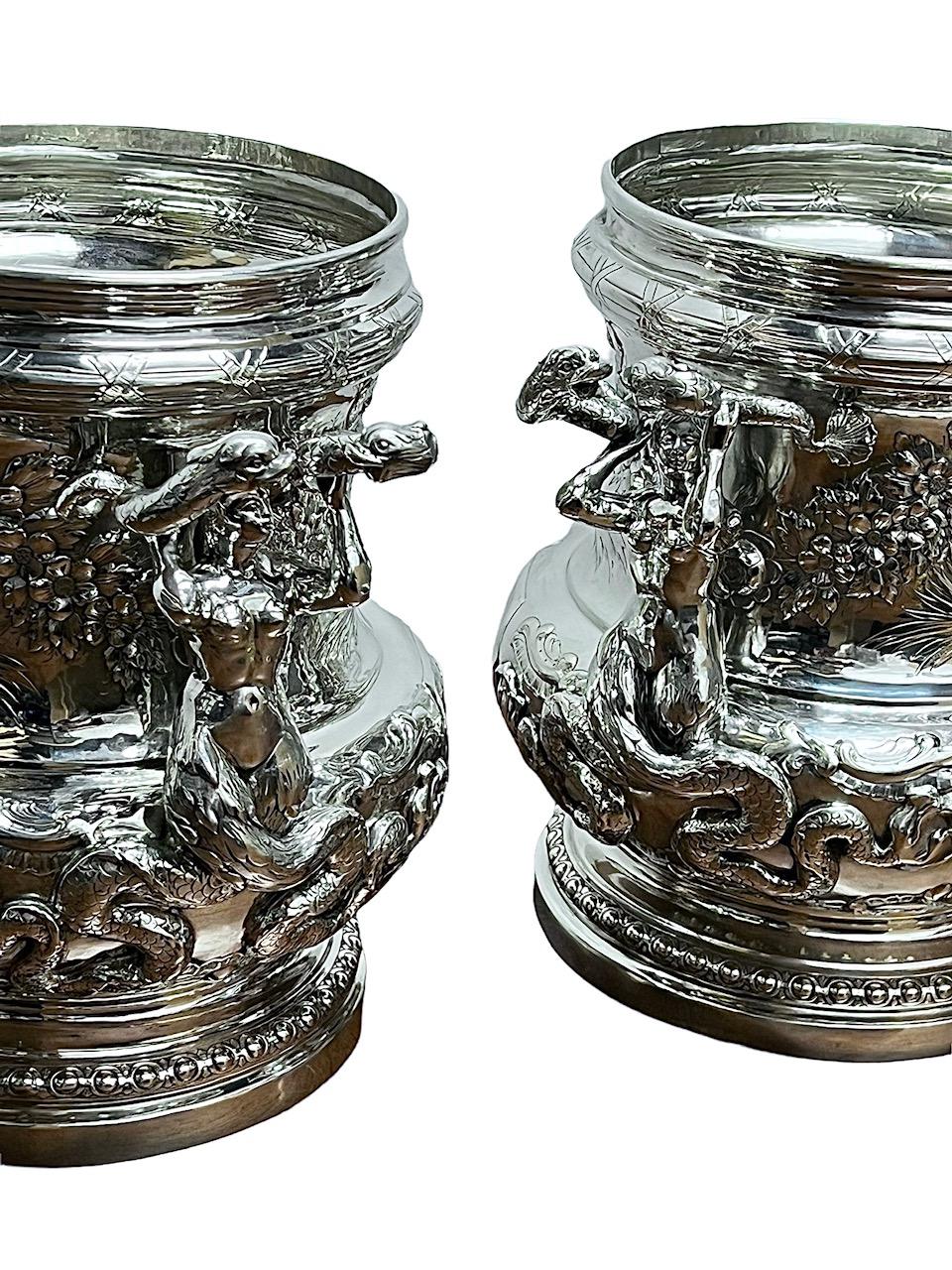 1890 Pair of German Solid Sterling Silver Coolers (Buckets), Sea Creatures For Sale 11
