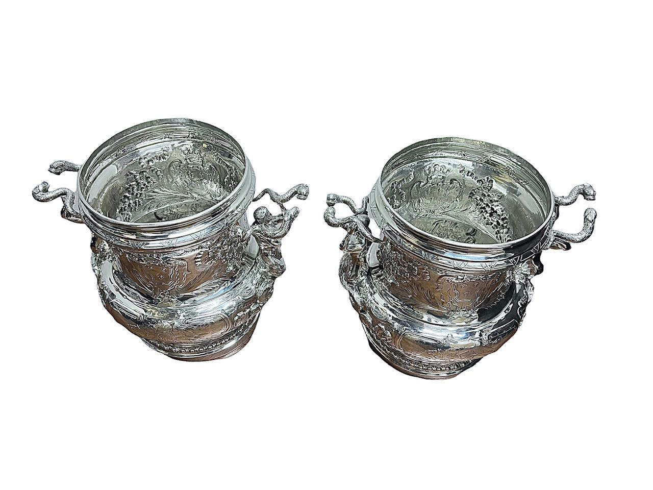 Hammered 1890 Pair of German Solid Sterling Silver Coolers (Buckets), Sea Creatures For Sale