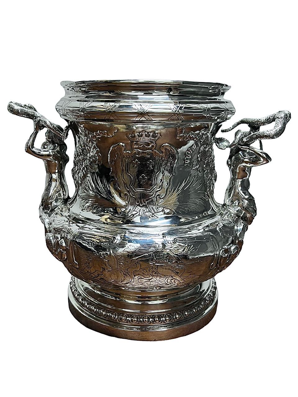 1890 Pair of German Solid Sterling Silver Coolers (Buckets), Sea Creatures In Fair Condition For Sale In North Miami, FL