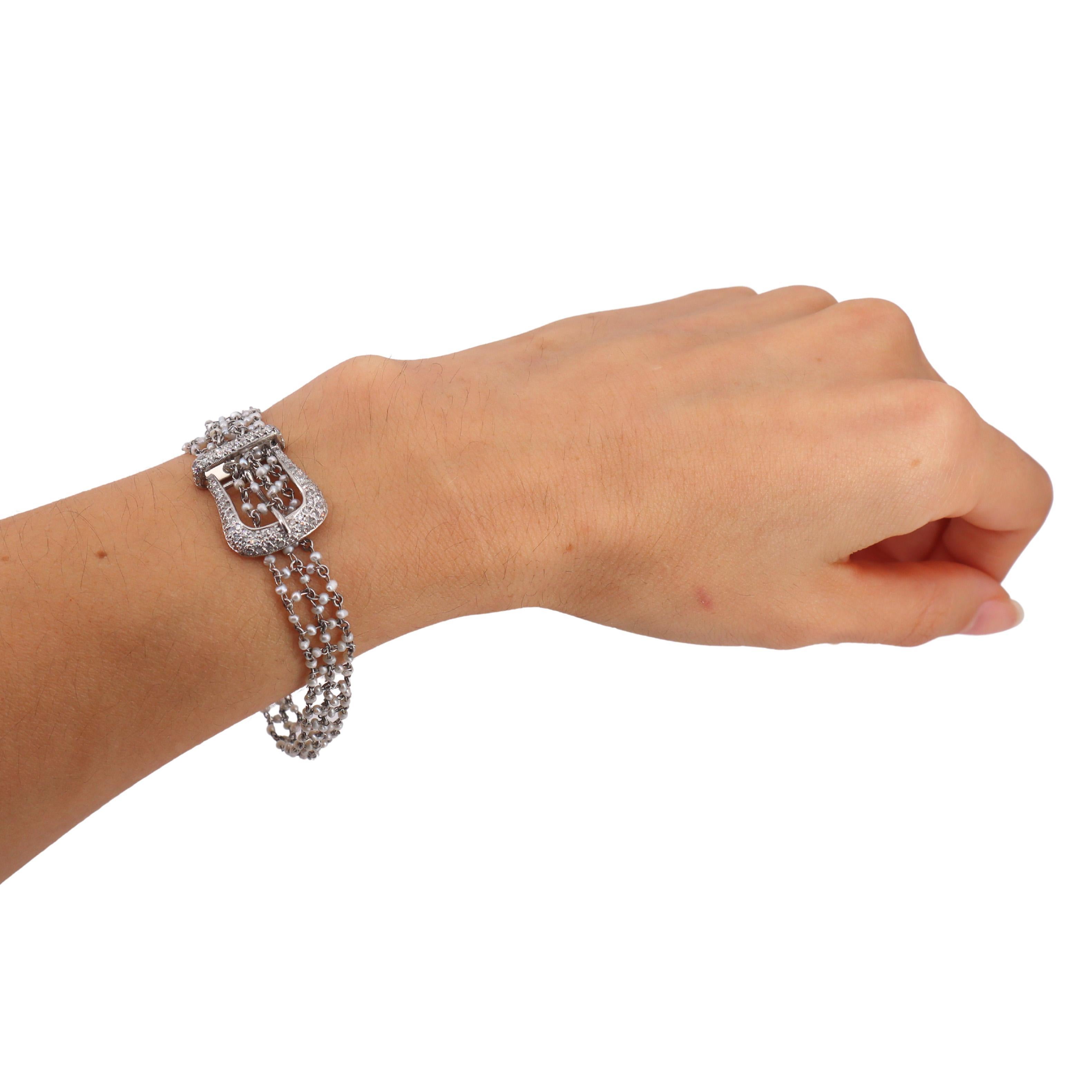 Taglio singolo Bracciale da cintura regolabile in platino del 1890 con diamanti e microperle in vendita