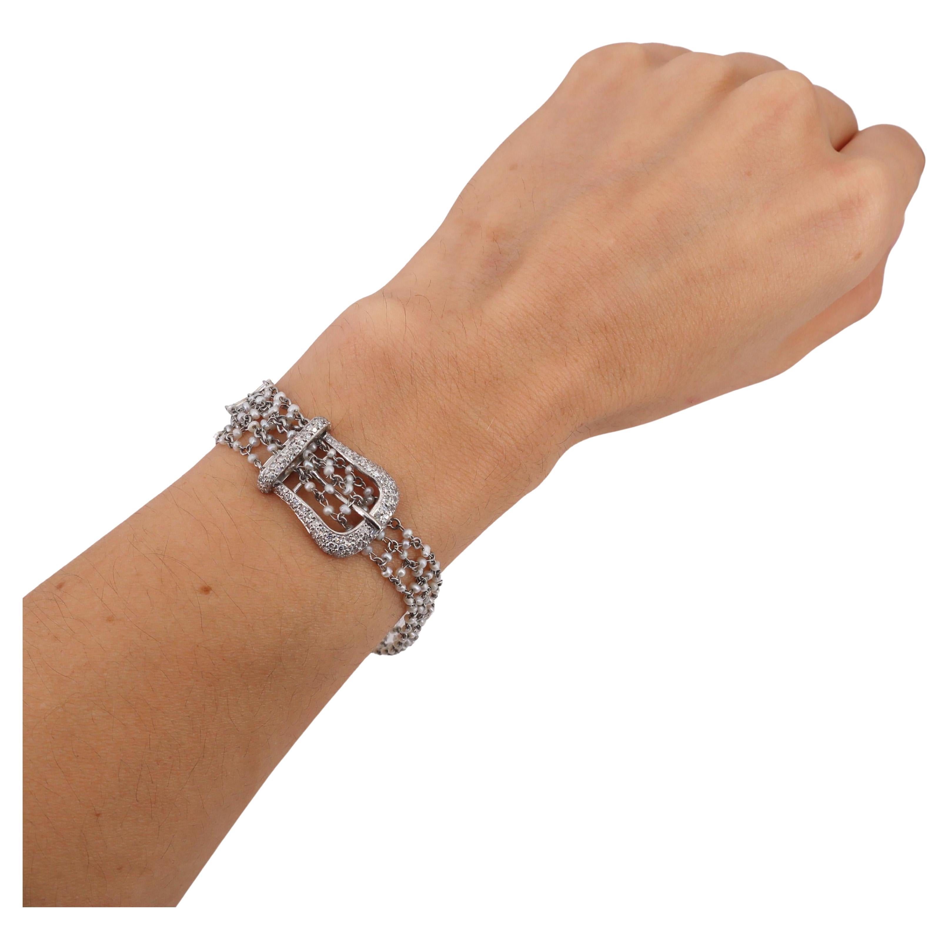 Bracciale da cintura regolabile in platino del 1890 con diamanti e microperle