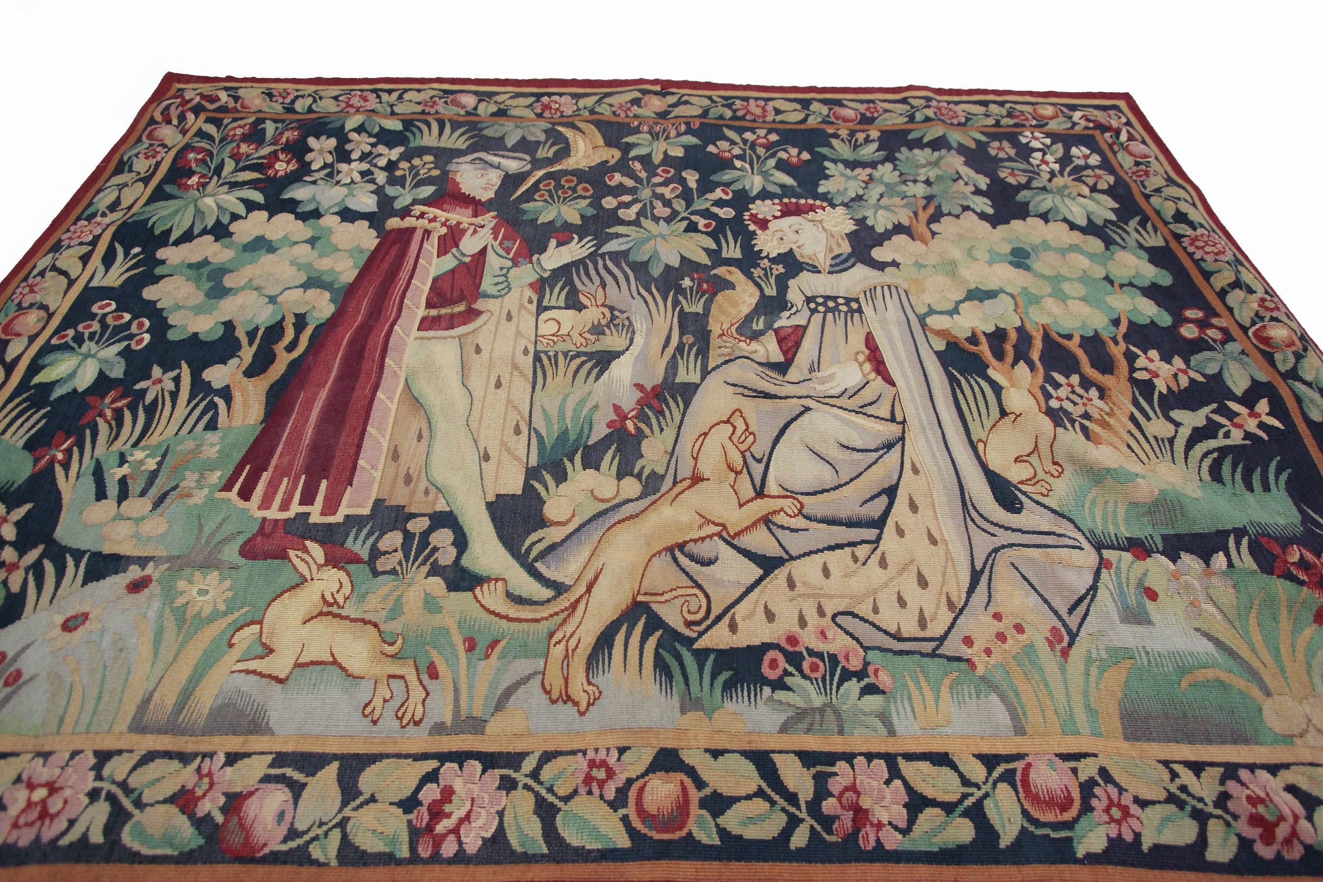 Francese 1890 Raro Antique French Aubusson Tapestry Verdure Rare Blue 4x6 117x175cm