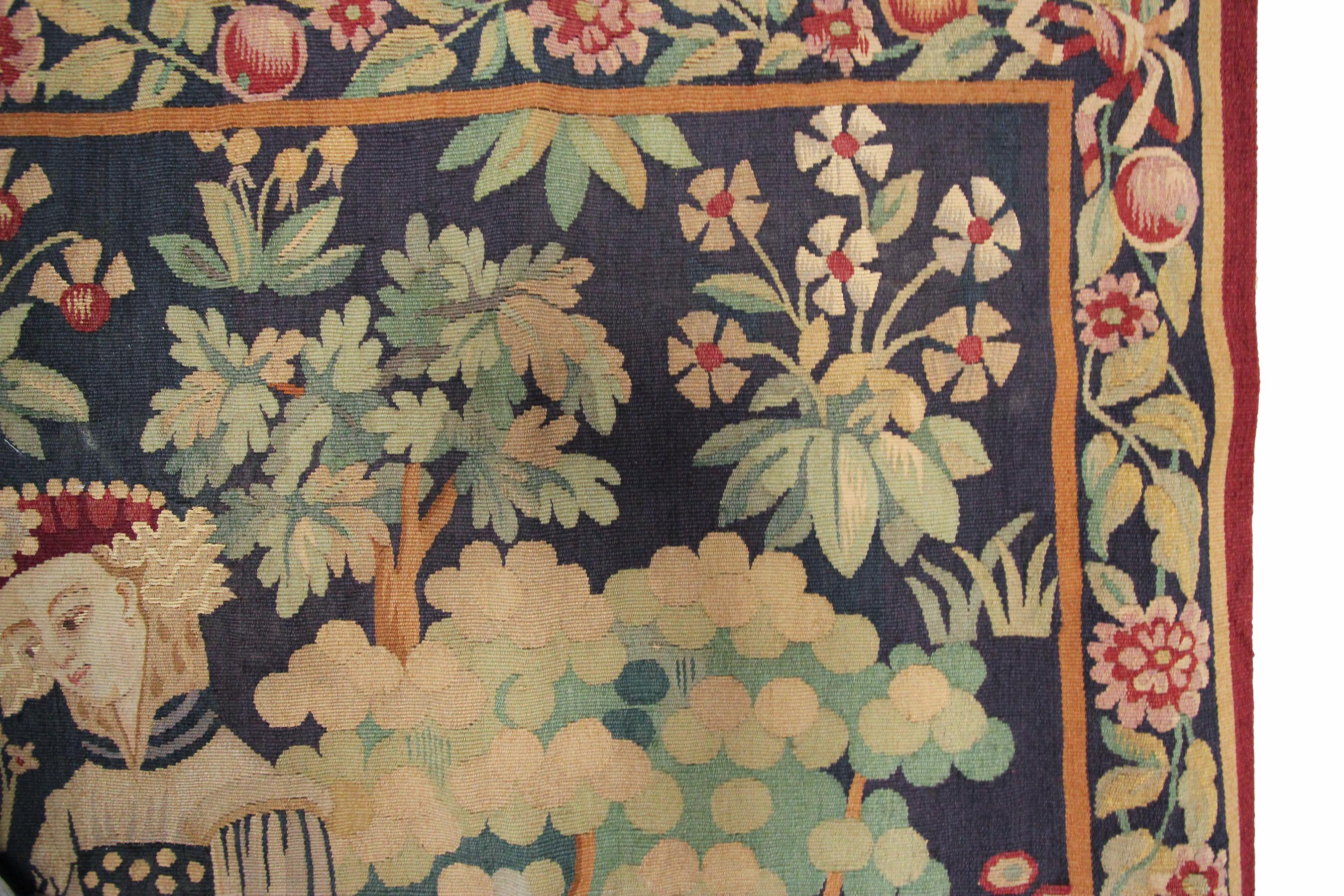 1890 Rare Antique French Aubusson Tapestry Verdure Rare Blue 4x6 117x175cm For Sale 2