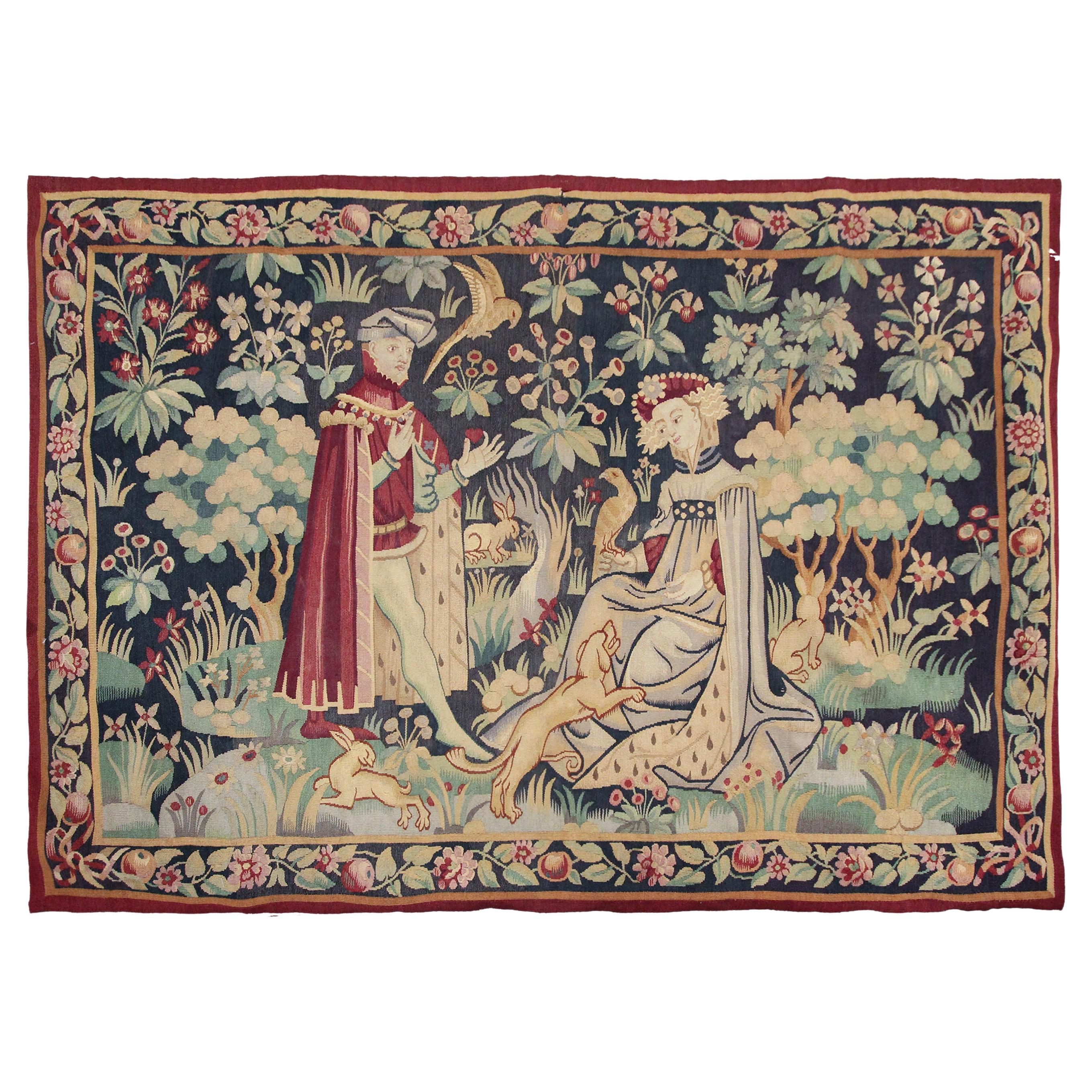 1890 Rare Antique French Aubusson Tapestry Verdure Rare Blue 4x6 117x175cm For Sale