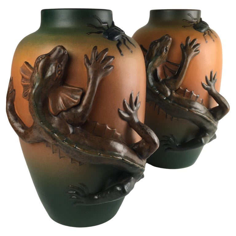 1890´s Set of Two Hand-Crafted Danish Art Nouveau Lizard Vases by P. Ipsens  Enke For Sale at 1stDibs