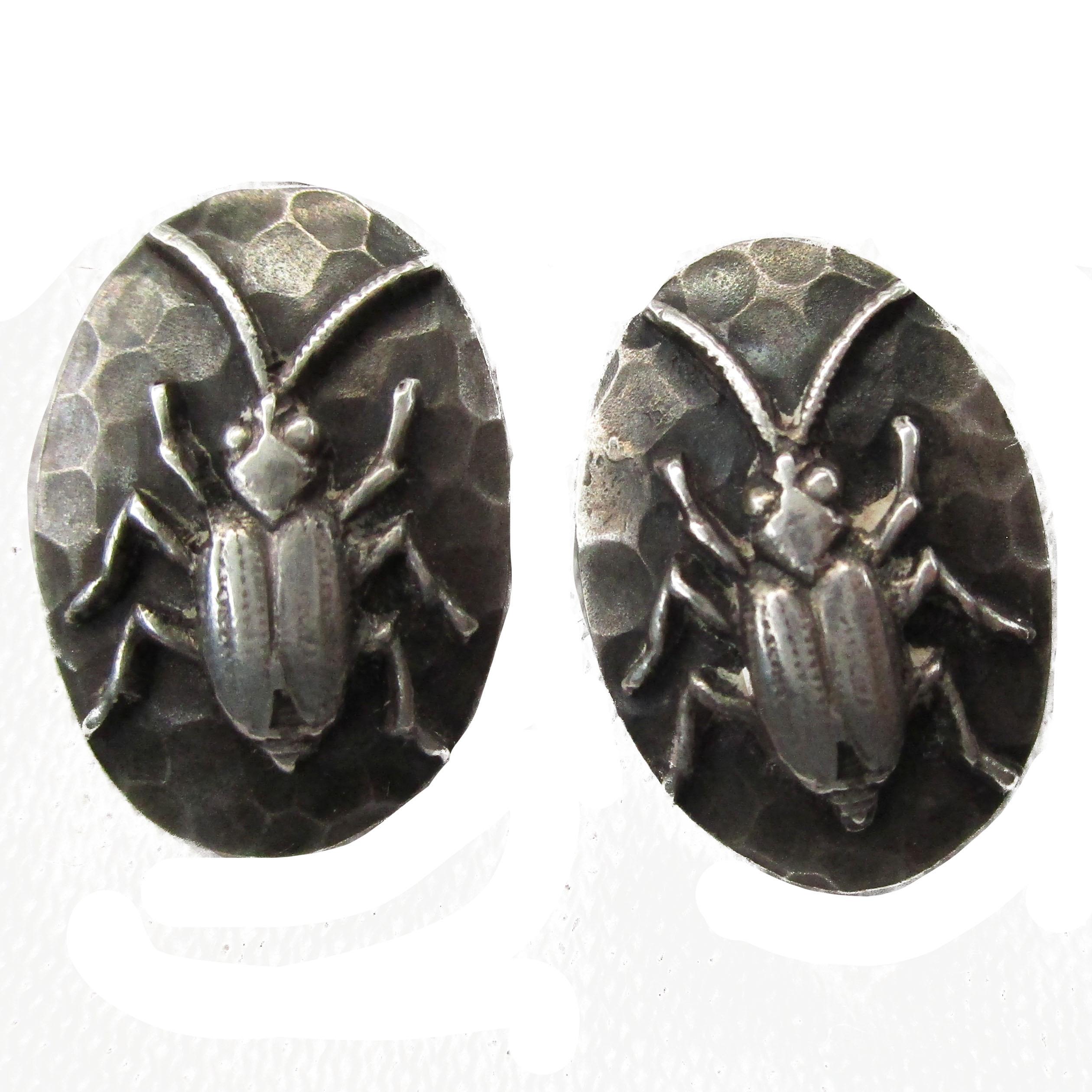 Art nouveau Boutons de manchette hibou et scarabée en argent sterling de 1890 en vente