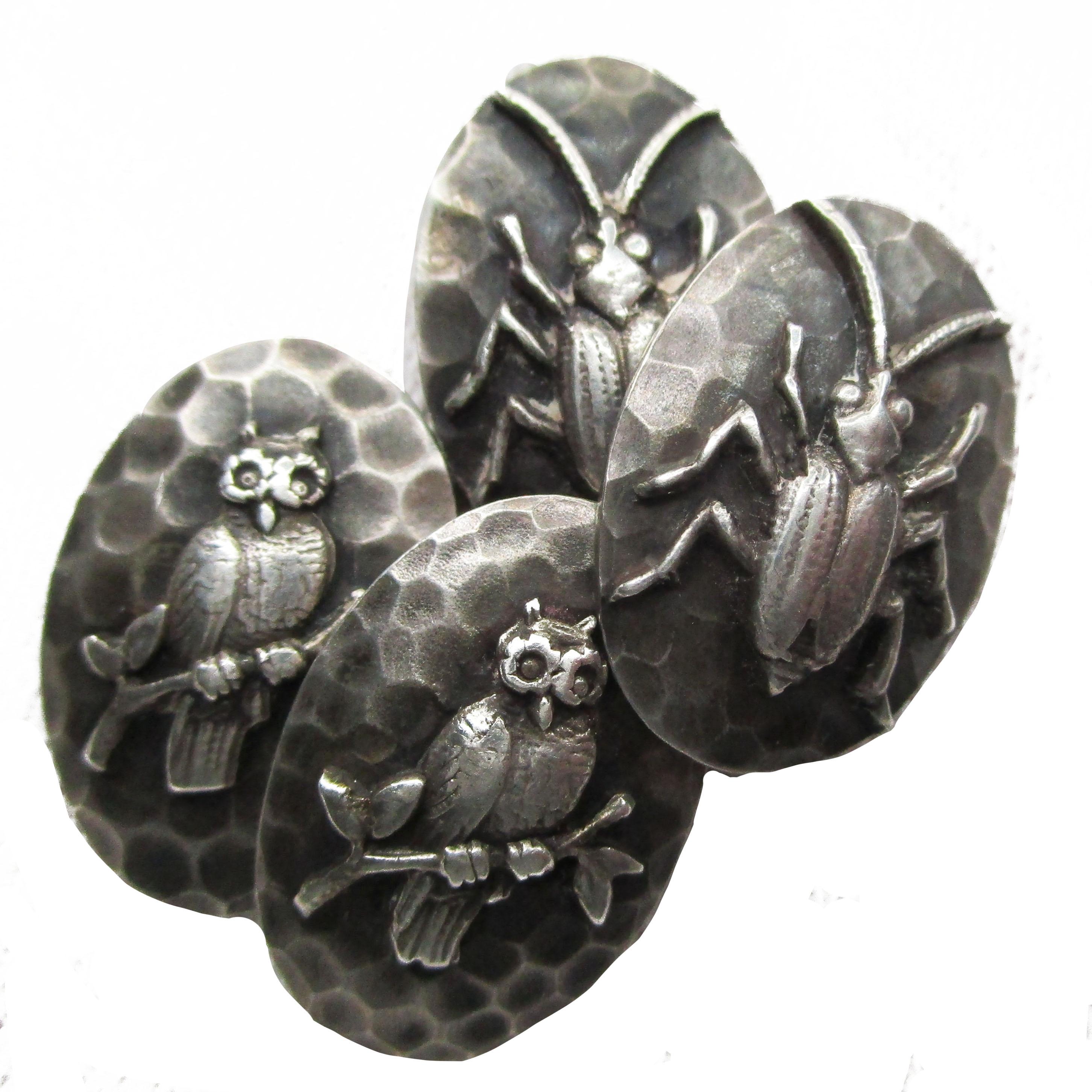 1890 Sterling Silver Owl and Beetle Cufflinks In Excellent Condition For Sale In Lexington, KY