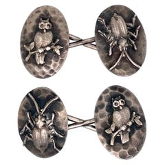 1890 Sterling Silver Owl and Beetle Cufflinks