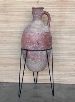 1890 Terracotta Amphora Vase or Jar with handle with metal support