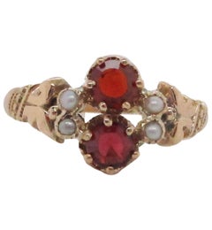 1890 Victorian 10 Karat Rose Gold Hand Engraved Red Garnet Seed Pearl Ring