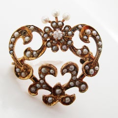 1890 Victorian 10k Rose Gold Seed Pearl and Diamond Heart Pin Watch Holder