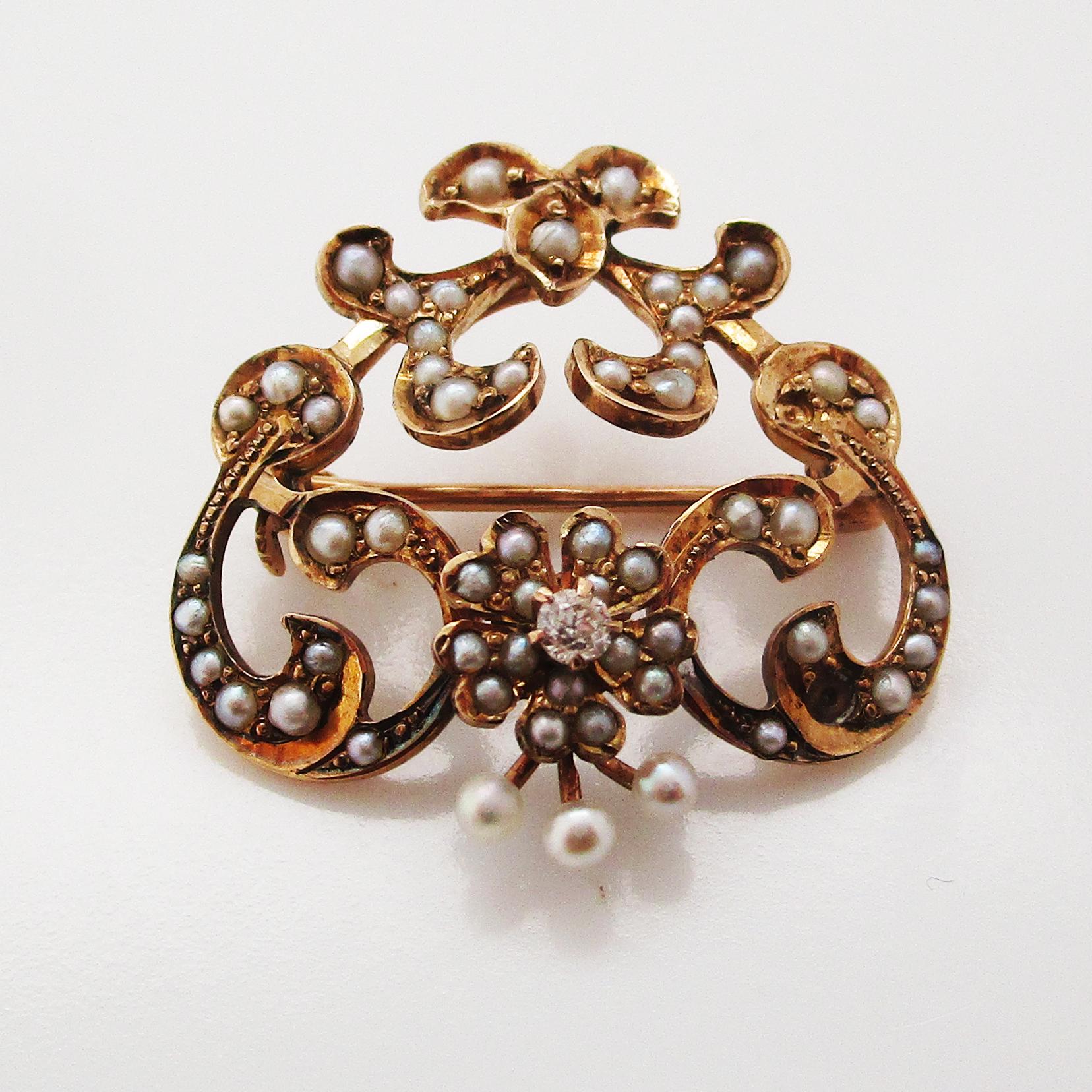 1890 Victorian 10k Rose Gold Seed Pearl and Diamond Heart Pin Watch Holder For Sale 1