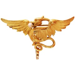 Antique 1890 Victorian 14 Karat Gold Krementz Winged Dragon Pearl Watch Holder Pin