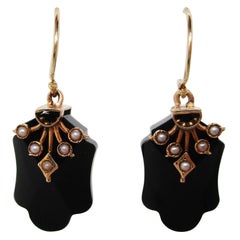 1890 Victorian 14 Karat Rose Gold Black Onyx Seed Pearl Drop Dangle Earrings