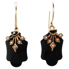 1890 Victorian 14 Karat Rose Gold Black Onyx Seed Pearl Drop Dangle Earrings
