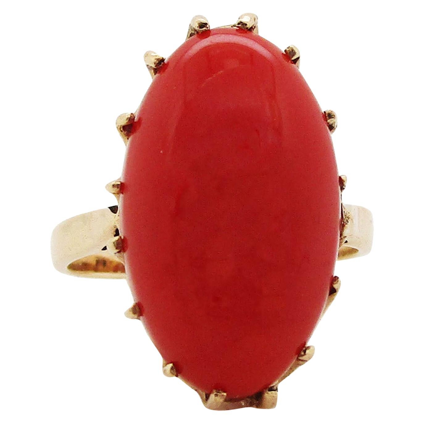 1890 Victorian 14 Karat Rose Gold Natural Red Coral Cabochon Ring