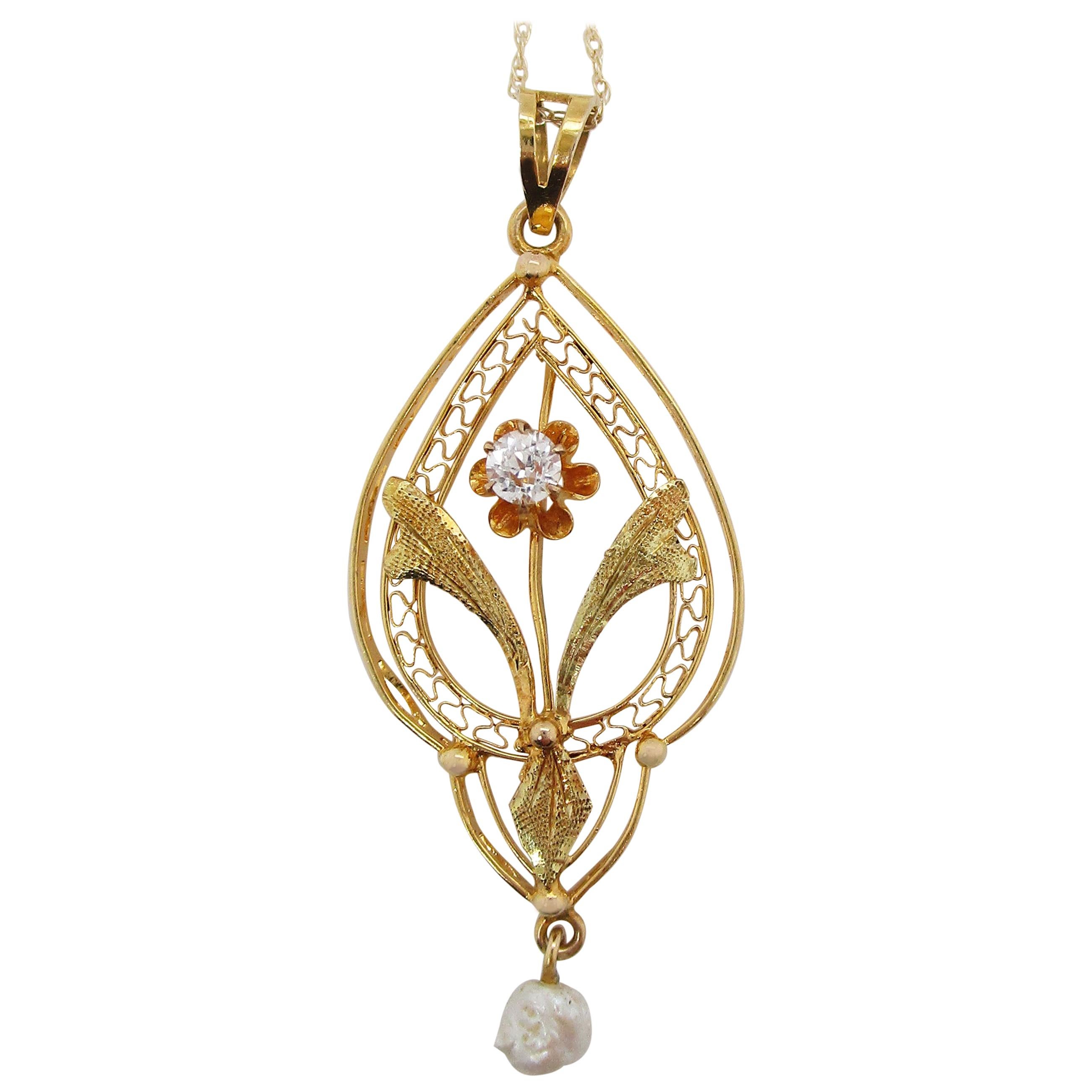 1890 Victorian 14 Karat Yellow Gold Diamond Natural Pearl Flower Drop Pendant