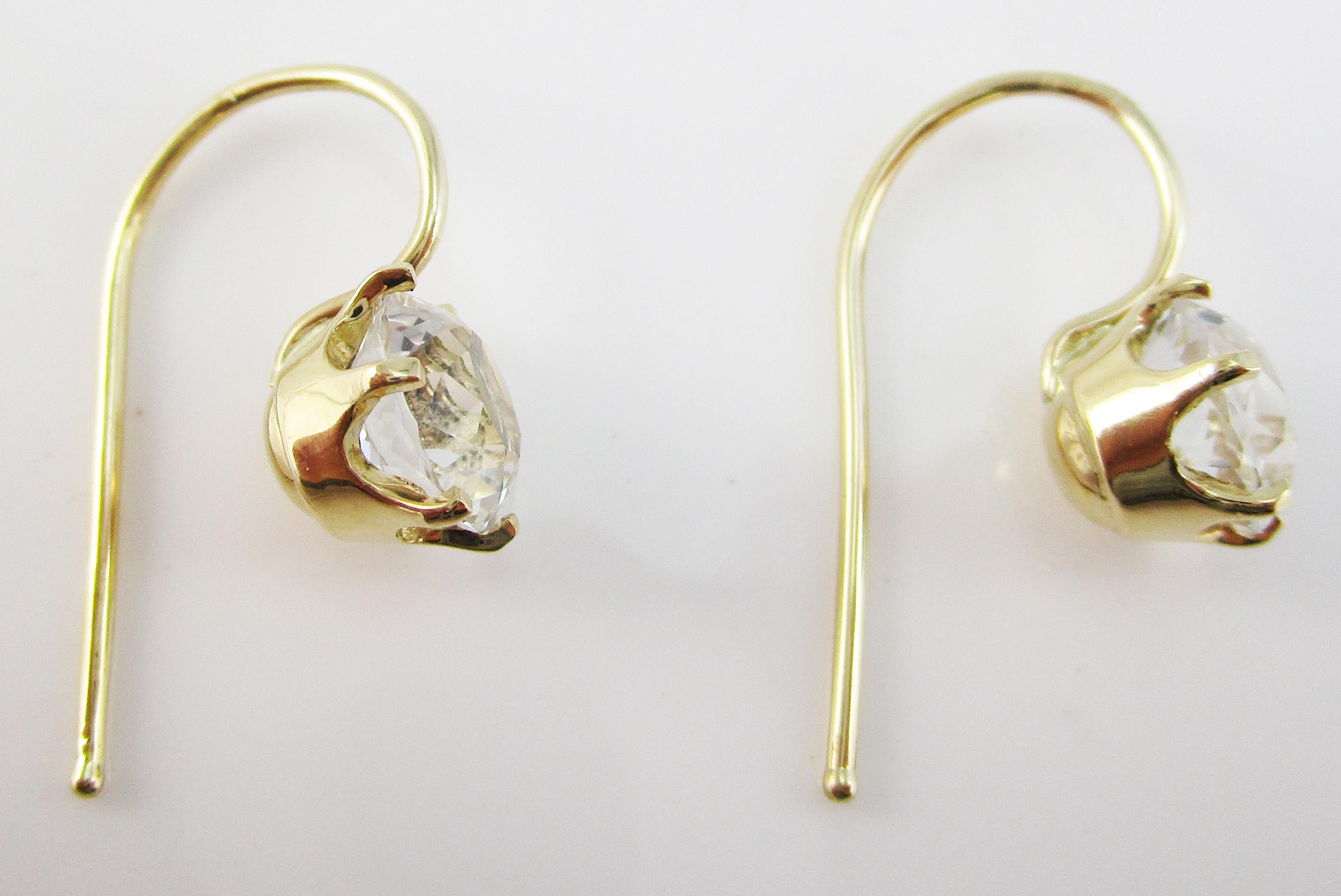 Round Cut 1890 Victorian 14 Karat Yellow Gold Silver Topaz Drop Earrings For Sale