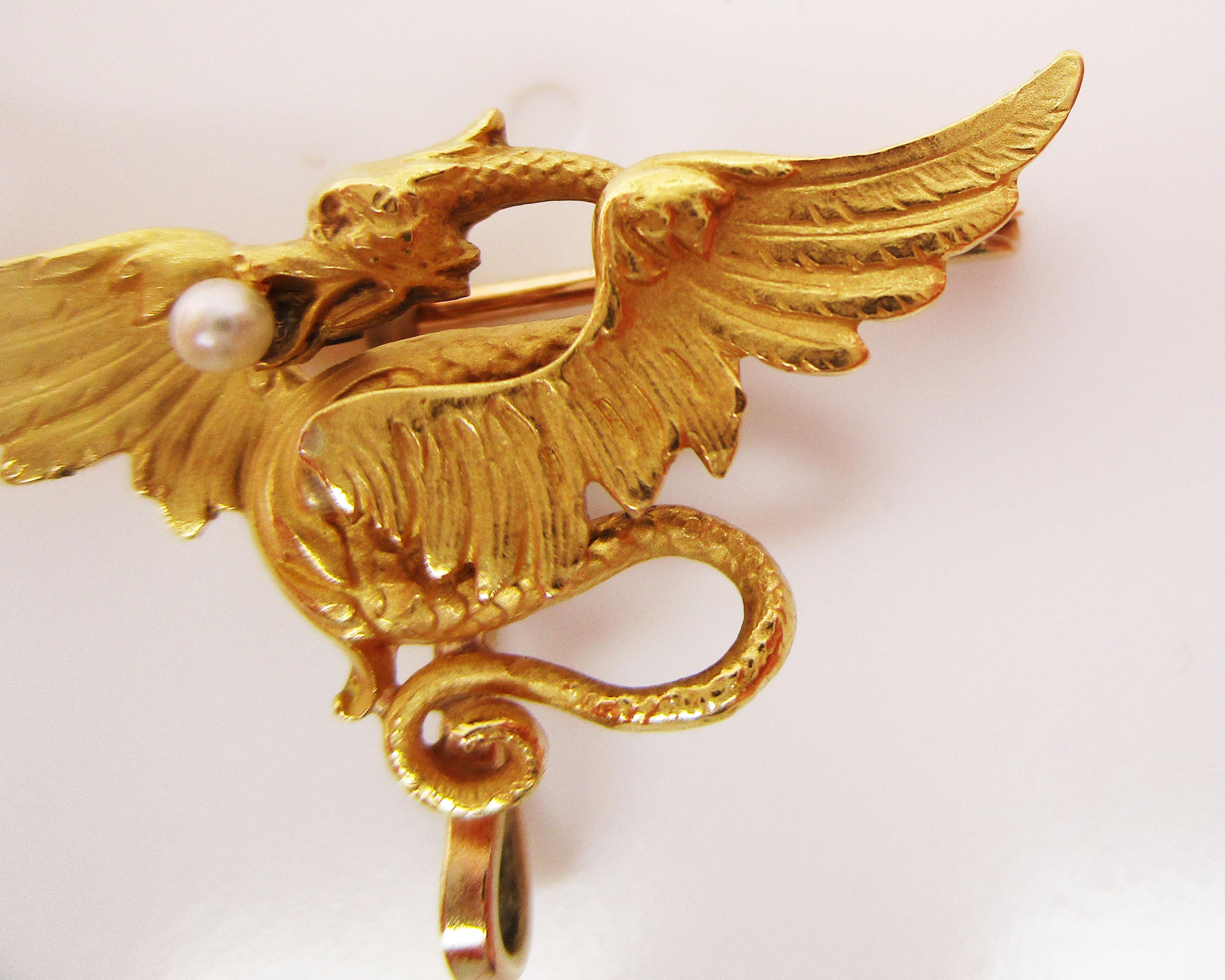 Uncut 1890 Victorian 14 Karat Gold Krementz Winged Dragon Pearl Watch Holder Pin