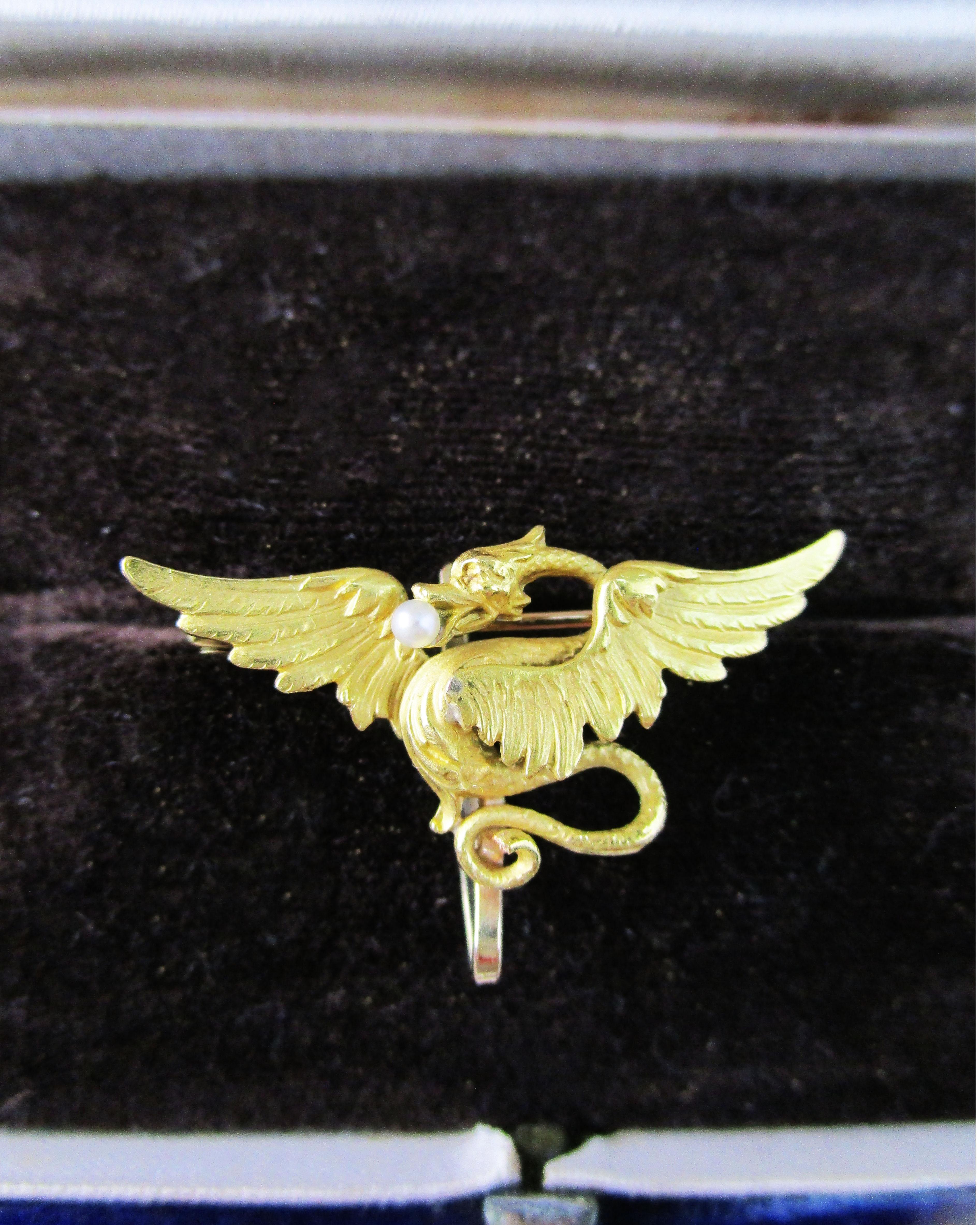 1890 Victorian 14 Karat Gold Krementz Winged Dragon Pearl Watch Holder Pin In Good Condition In Lexington, KY