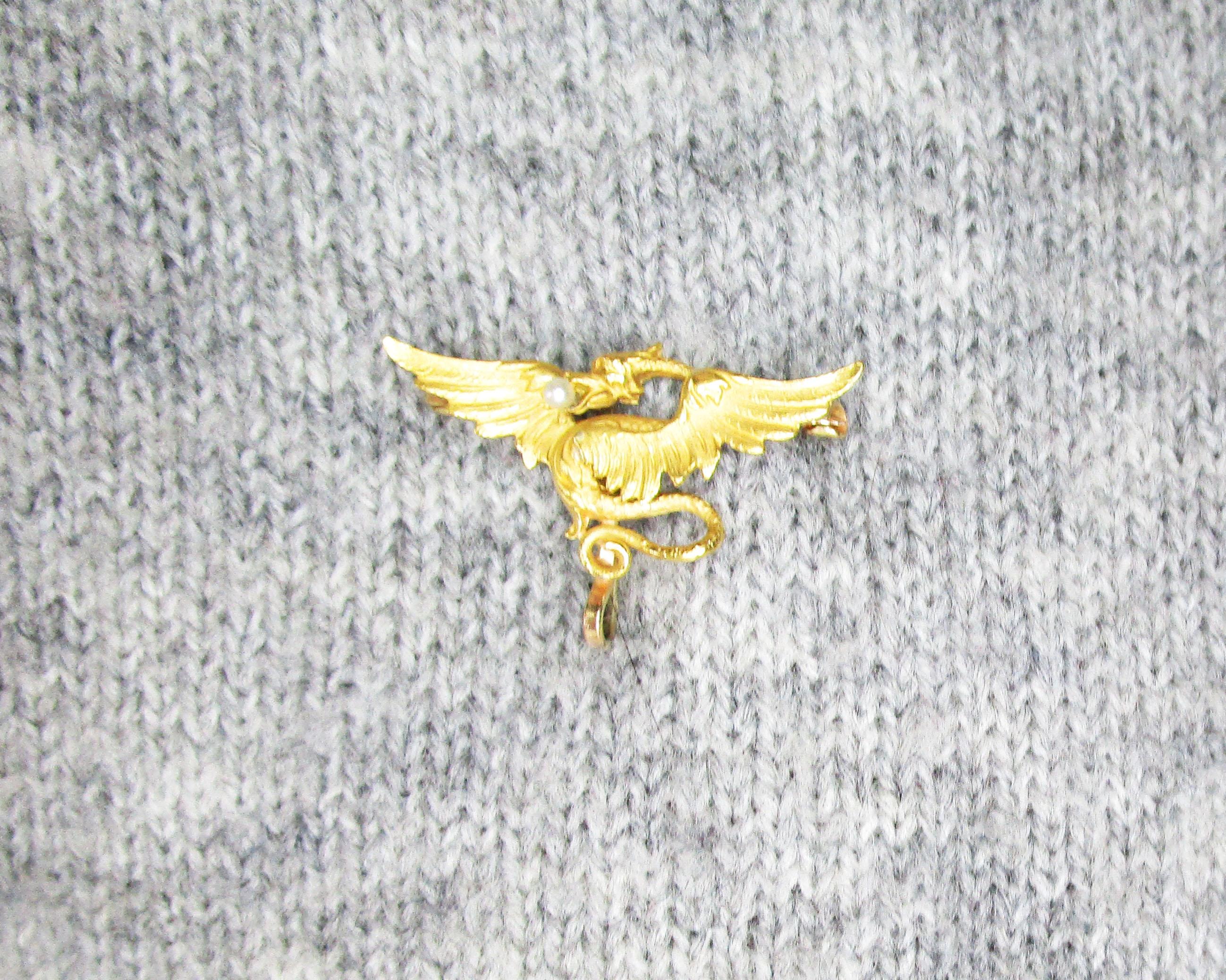 Women's or Men's 1890 Victorian 14 Karat Gold Krementz Winged Dragon Pearl Watch Holder Pin