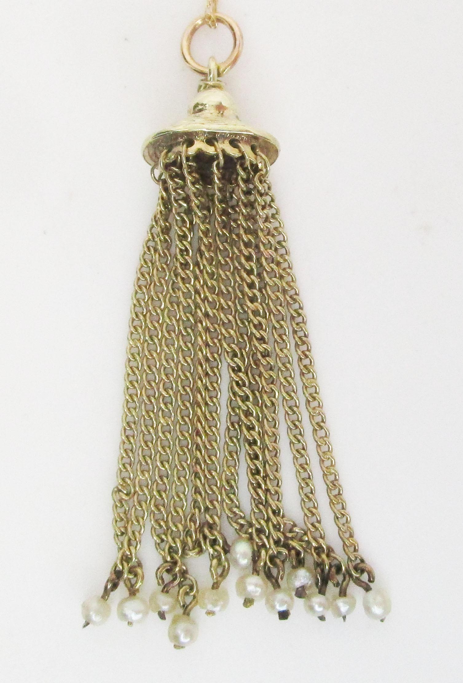 1890 Victorian 14 Karat Green Gold Tassel Pendant with Seed Pearl Terminus In Good Condition In Lexington, KY