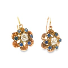 1890 Boucles d'oreilles victoriennes en or rose 14k avec fleurs en diamant et saphir