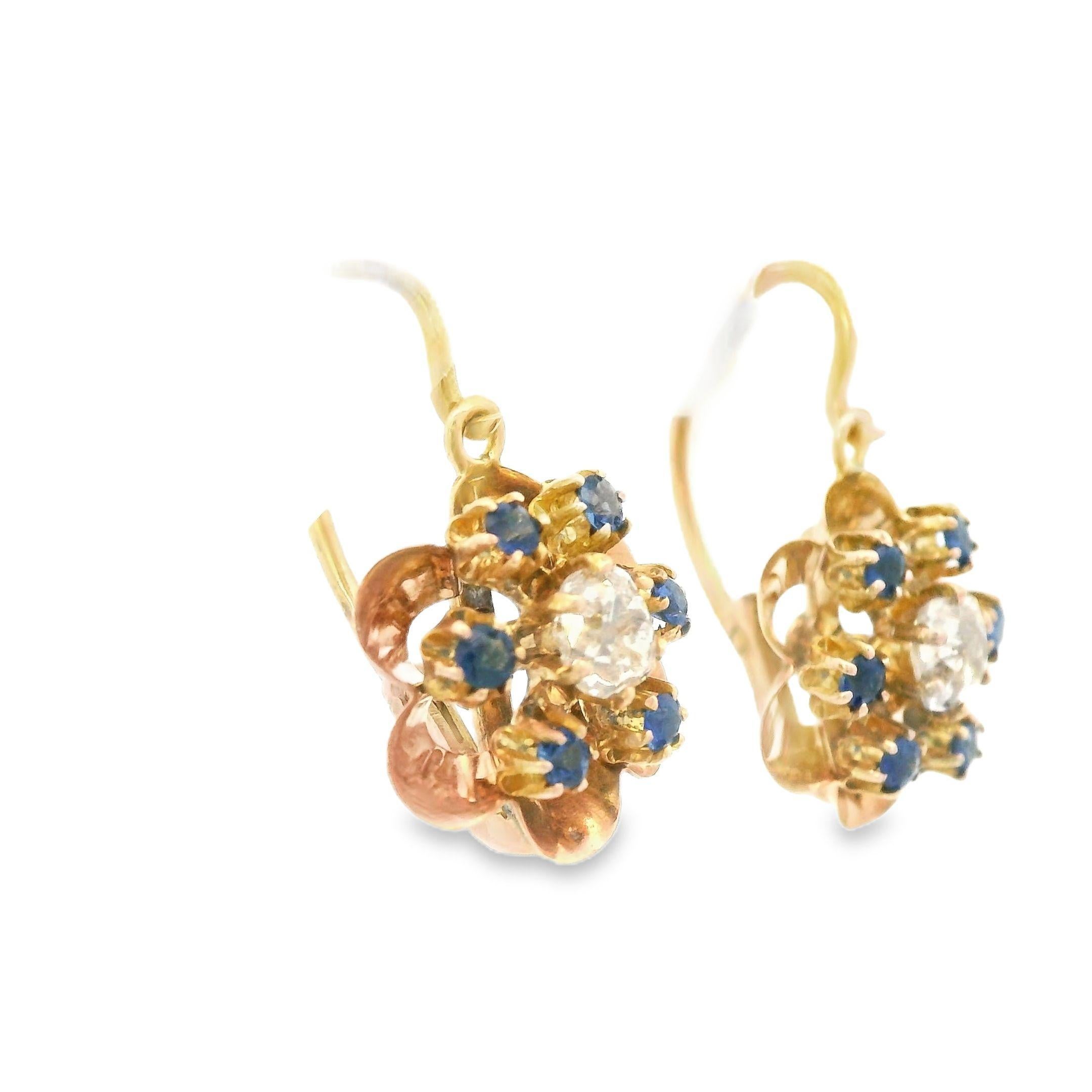 Vittoriano Orecchini vittoriani del 1890 in oro rosa 14k con diamanti e zaffiri in vendita