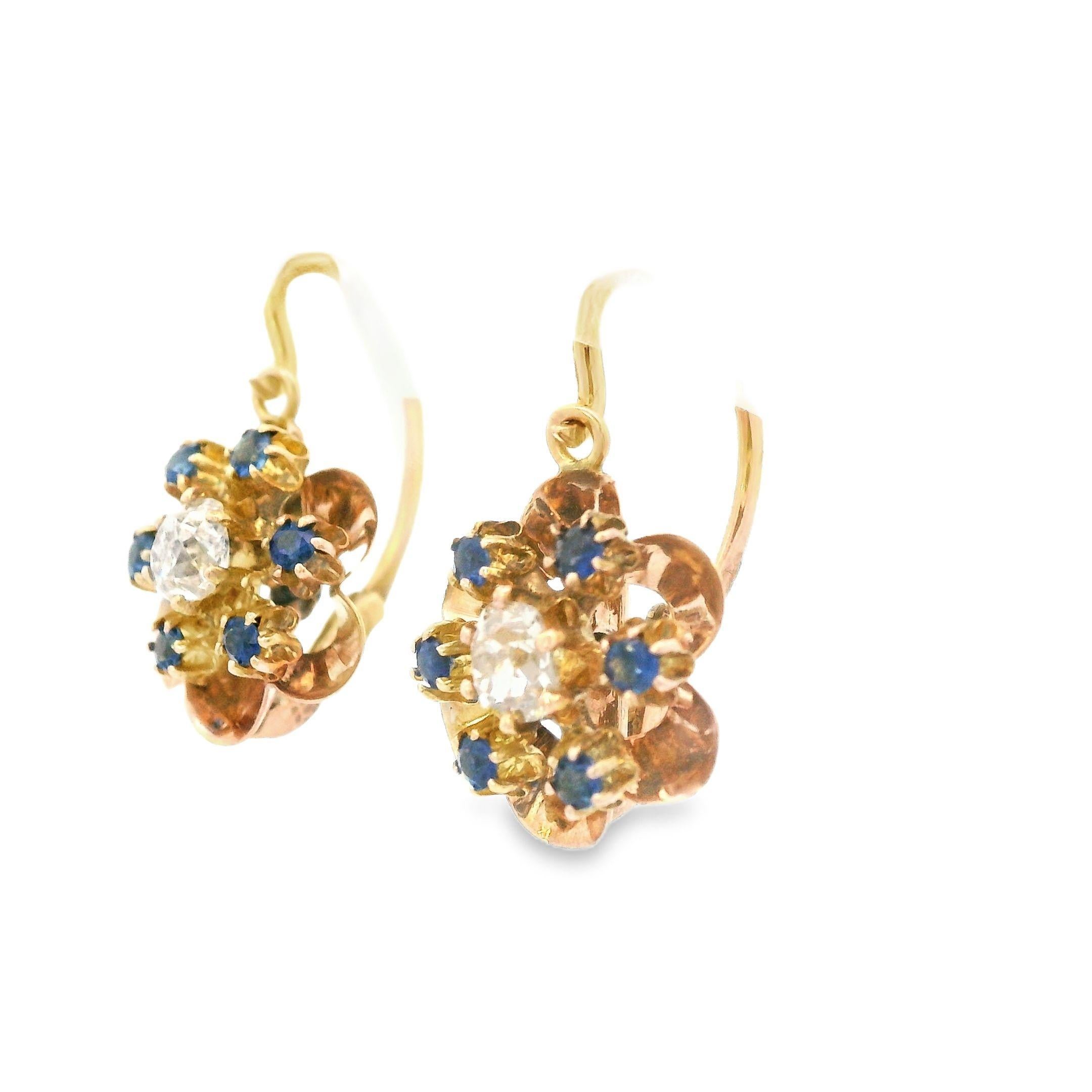 Taglio vecchia miniera Orecchini vittoriani del 1890 in oro rosa 14k con diamanti e zaffiri in vendita