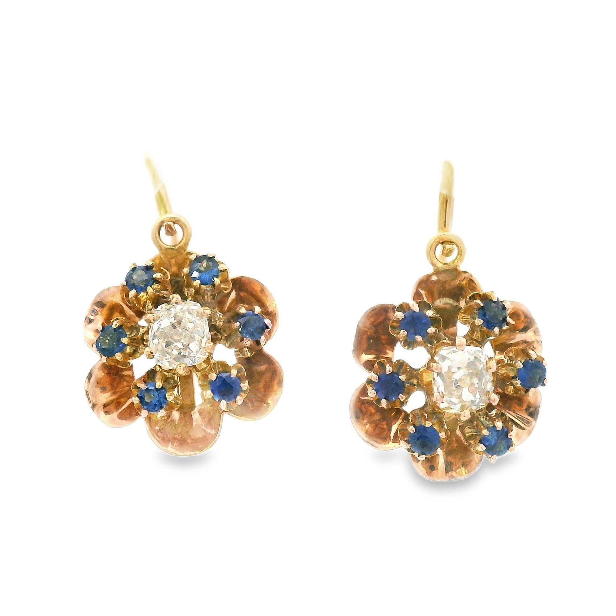 Donna Orecchini vittoriani del 1890 in oro rosa 14k con diamanti e zaffiri in vendita