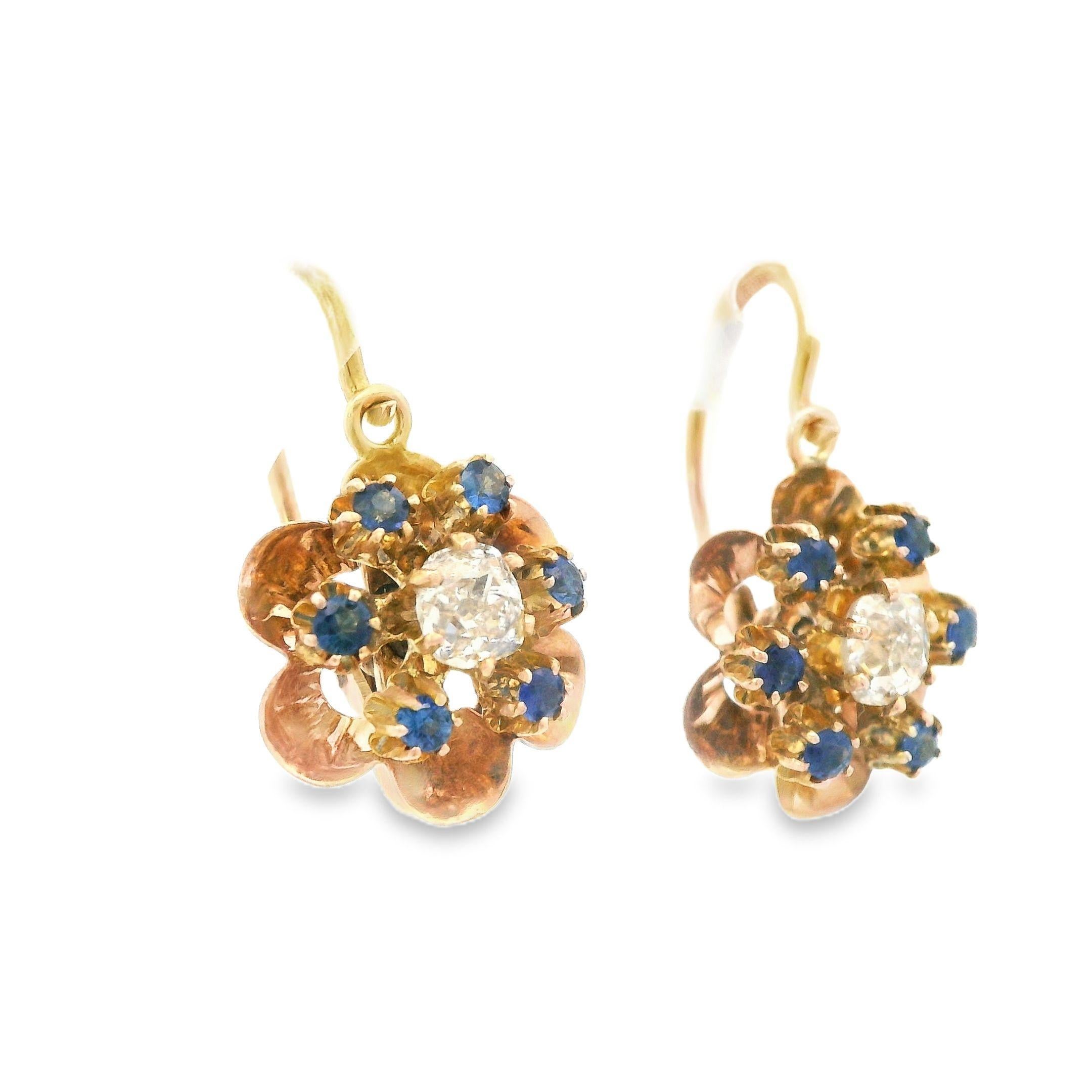 Orecchini vittoriani del 1890 in oro rosa 14k con diamanti e zaffiri in vendita 2