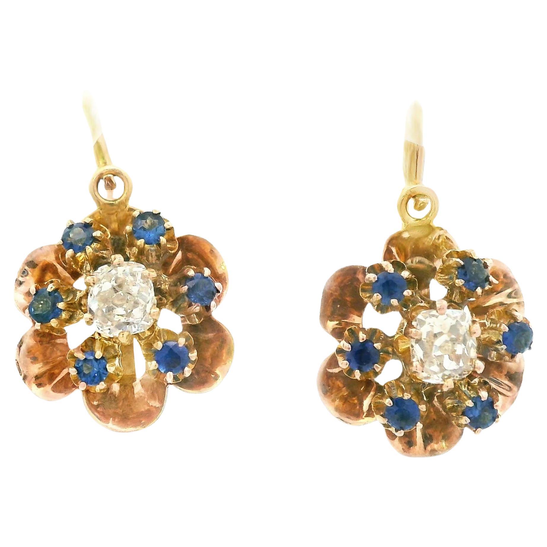 1890 Victorian 14k Rose Gold Diamond/Sapphire Flower Drop Earrings