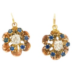 1890 Victorian 14k Rose Gold Diamond/Sapphire Flower Drop Earrings
